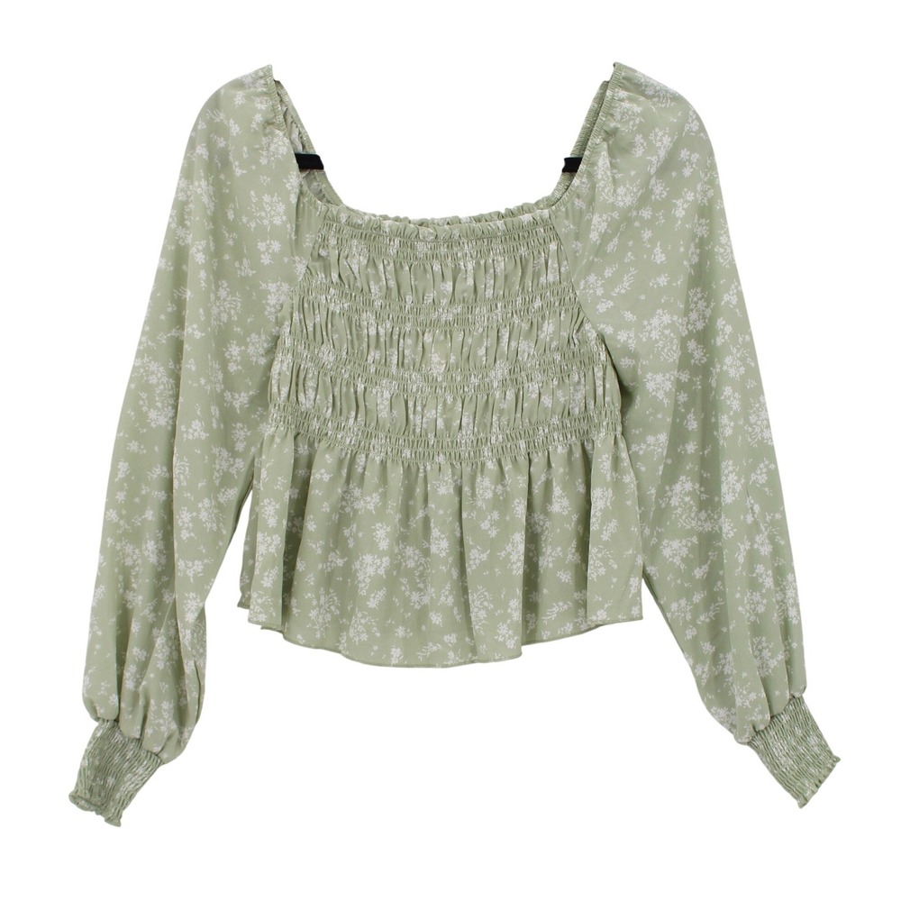 Ultra Flirt Smocked Top Large Romantic Ditsy Floral Peplum Green Fairycore NWT